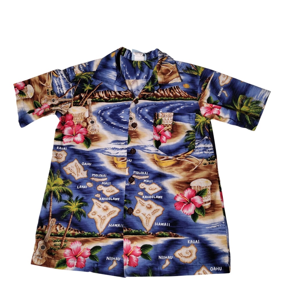 RJC Kids Blue Hawaiian Islands Map Hibiscus Cotton Button Down Shirt Size 8